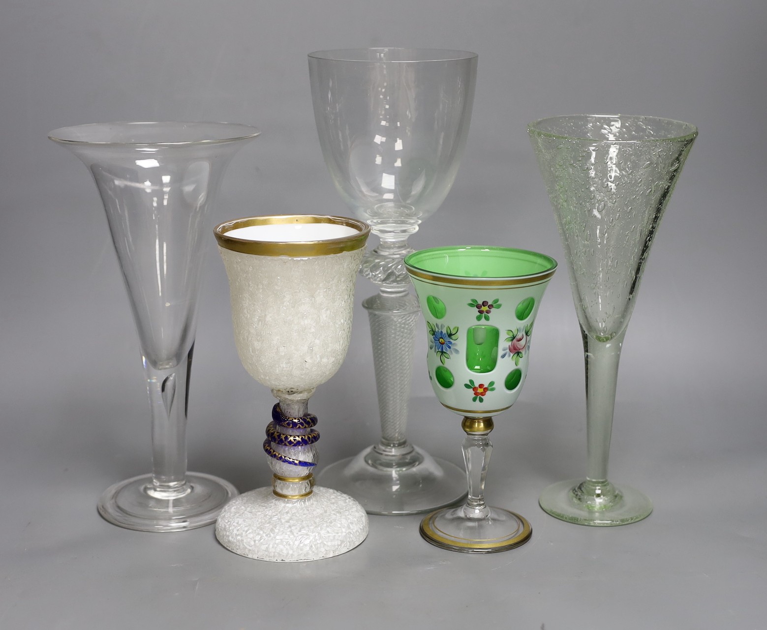 A selection of five 19th/20th century glasses (one a.f.). Tallest 29cm, including an American? White cased flint glass goblet with blue snake mounted stem